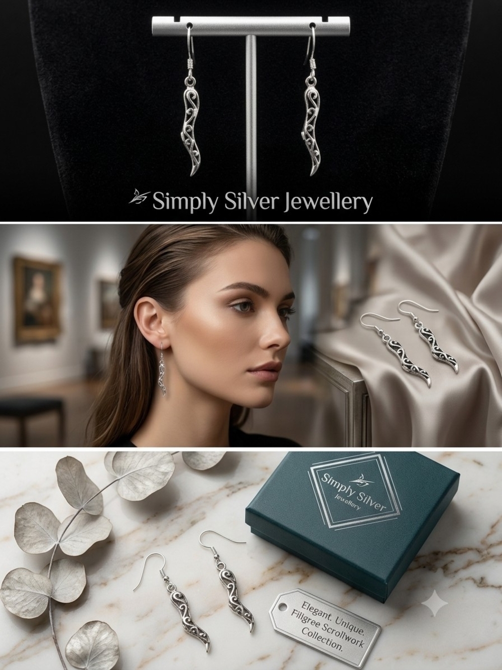 Simply Silver Filigree Drop Earrings in Silver